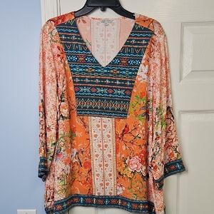 John Mark 3/4 Sleeve V-Neck Embroideted Aztec Top -Multicolor/Print: Size- 0X